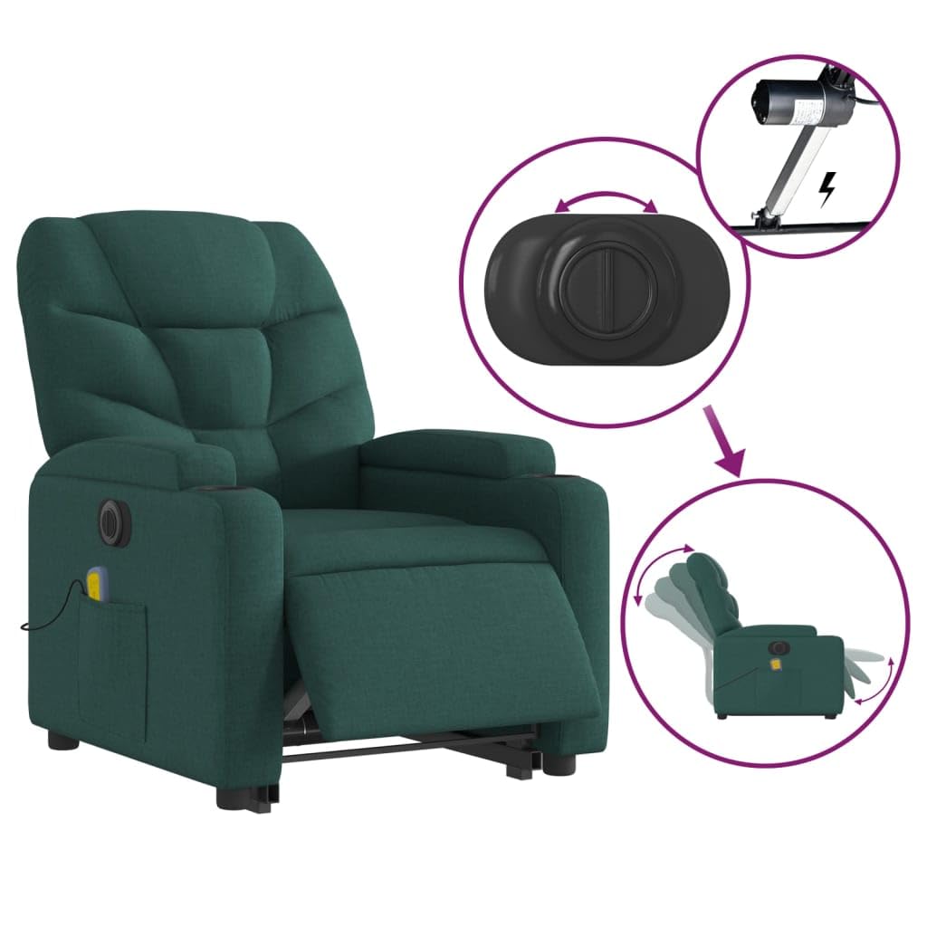 Sillón elevador eléctrico con masaje de tejido verde oscuro con 6 puntos de vibración y reclinación de 135 grados, función de elevación eléctrica, asiento acolchado,