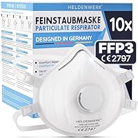 HELDENWERK® FFP3 Maske mit Ventil – 5er, 10er oder 20er Set – Atemschutzmaske/Staubschutzmaske zertifiziert Ausatemventil – Staubschutzmasken mit verstellbaren Hinterkopfband (10er Vorteilspack)