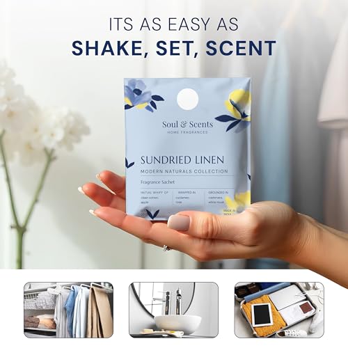Image of Soul & Scents Sundried Linen Fragrance Sachet | A Comforting Aroma of Pure Cotton | Long-Lasting Air Freshener for Car, Wardrobe, Kitchen, and Travel Bag | Pack of 3-20gm Each