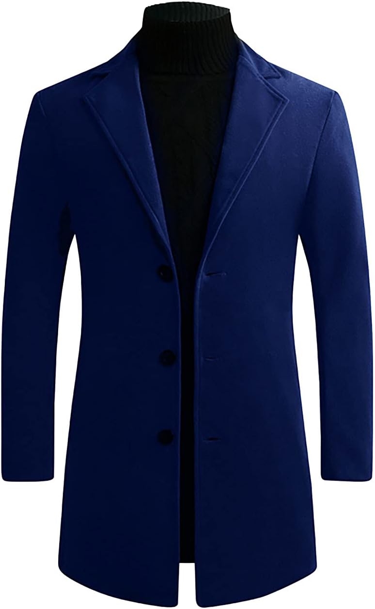 Men's Wool Blend Trench Coat Slim Fit Casual Classic Single Breasted Peacoat Plus Size Notched Lapel Overcoat Jacket