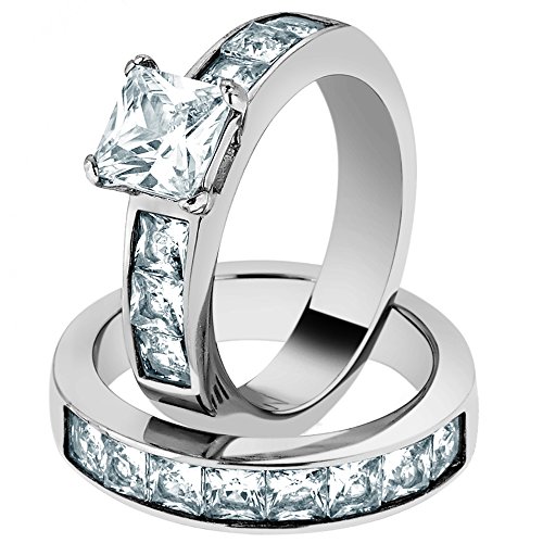 Marimor Jewelry Women's Stainless Steel 316 Princess Cut 3.75 Carat Zirconia Wedding Ring Set