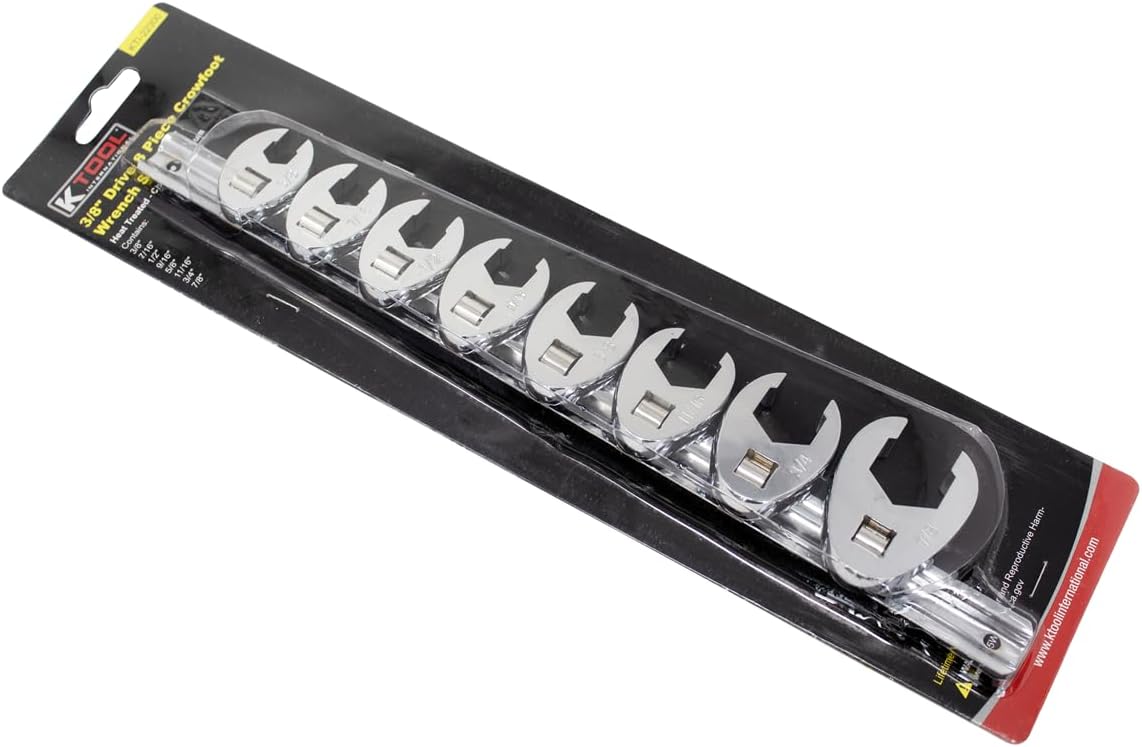 K tool International 22300 SAE Crowfoot Flare Nut Wrench Set with 3/8" Drive for Garages, Repair Shops and DIY, Heat-treated, 3/8" to 7/8", Chrome, Socket Rail, Use on Hydraulic Line Fittings, 8 Piece