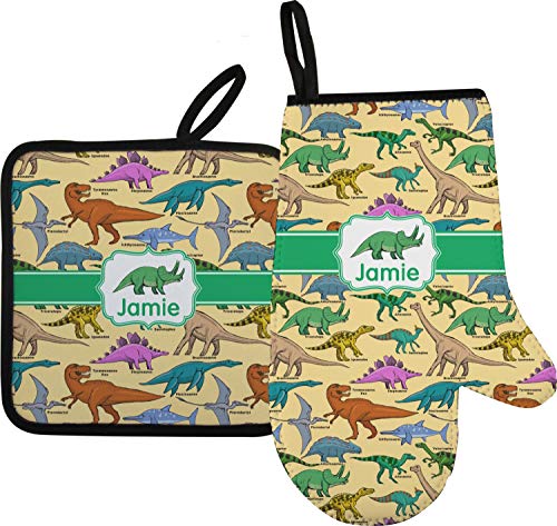 Dinosaurs Right Oven Mitt & Pot Holder Set W/Name Or Text #TOP23