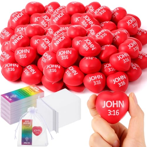 Zubebe 48 Sets Easter Christian Heart Stress Balls Bulk 1.57'' John 3: 16 Religious Relief Balls with Jesus Cards and Organza Bags Church Jesus Bible Quotes Baptism Gifts Stuffer