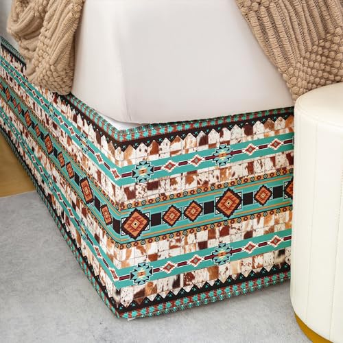 Feelyou Southwestern Boho Design Dust Ruffle Pleated Bedskirt Full,Rustic Western Bedding Set For Boys Kids Teens Room,Vintage Brown Teal Bed Skirt,Native American Pattern Tribal Fitted Sheet,2 Pillowcases thumb #4