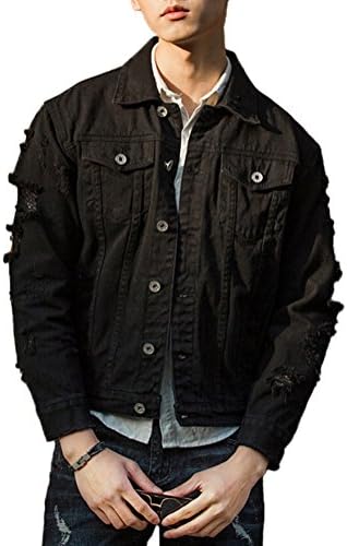 DSDZ Men`s Retro Vintage Washed Ripped Hip Hop Motorcycle Denim Jacket Black L