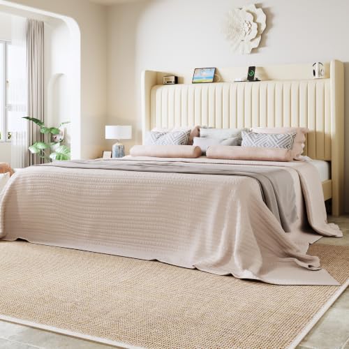 Image of Allewie King Size Platform Bed Frame with USB Charging Station and Storage Shelf /Upholstered Velvet Wingback Headboard /Wooden Slats Support /No Box Spring Needed /Easy Assembly, Cream
