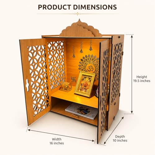 Image of Zesta Wooden Mandir for Home Big Size | DIY Pooja Mandir with LED Spot Light | Devghar Cabinet for Living Room or Office | Wall Mounted Pooja Unit for Home (Big Mandir with Door)