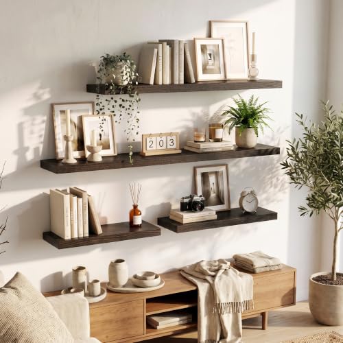 Image of Elm Floating Shelves for Wall - 24 in Rustic Solid Wood Shelves with Heavy-Duty Invisible Bracket, Wall-Mounted Wooden Shelf for Living Room, Bathroom, Kitchen Storage & Display, Set of 2, Walnut