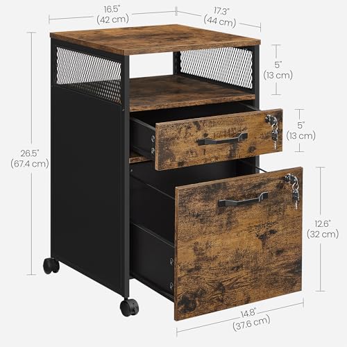 Image of VASAGLE 2 Drawer File Cabinet with Lock, Rolling Printer Stand | Under Desk Filing Cabinet, 17.3 x 16.5 x 27.2 in, Rustic Brown and Ink Black, Dacey Collection, UOFC077B01