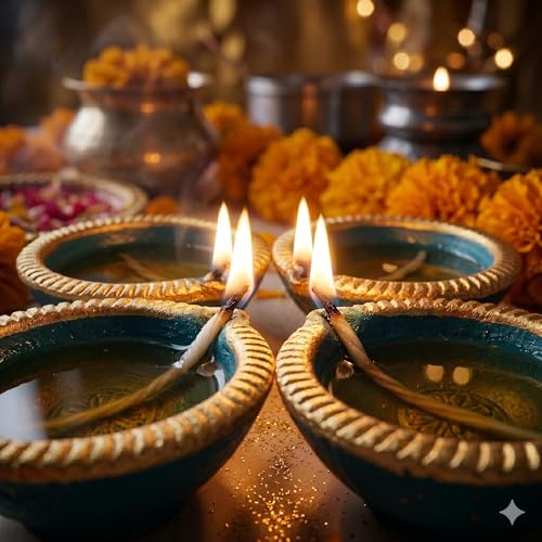 Image of Pure Source India Traditional Handmade Earthen Clay Big Size Diya for Laxmi Poojan, 4 Pieces | Elegant Blue Color (4 Pieces) - Premium Terracotta Akhand Jyot for Diwali, Puja & Festive Decor (Blue)