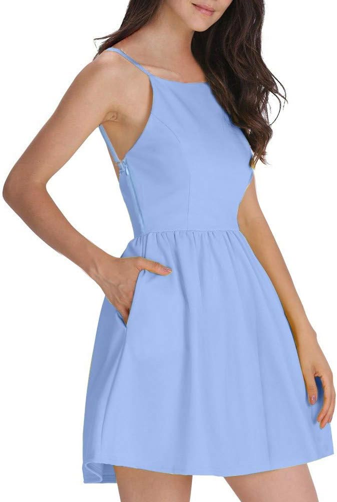 FANCYINN Junior’s Cocktail Short Dress Spaghetti Strap Backless Mini Skaterr Homecoming Dresses M Bright Blue