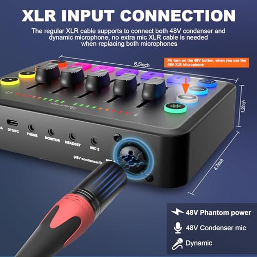 Image of Podcast Equipment Bundle for 2, RGB Audio Interface with XLR Condenser Microphone, and 3.5mm Mic, Mute,48V Phantom Power for Streaming,Gaming,Recording-Black (H1)