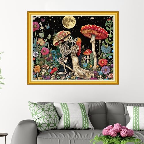 Image of Funxvoot Stamped Cross Stitch Kits for Beginners or Adults Embroidery Starter Patterns | DIY Printed Cross Stitch Kits Needlepoint for Adults 11CT-Moon Night Skeleton Couple 16x20 inch