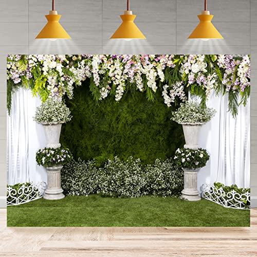 Jasree Vinyl 10X8Ft Arch Wedding Flowers Backdrop Photography Background Stone Planter Flowers White Curtain Green Ivy Wall Decoration Outdoos Ceremony Green Grassfield Backdrop #TOP3