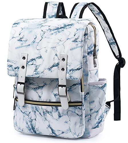 College Student School Bag Slim Laptop Backpack Travel Rucksack Daypack Marbling White