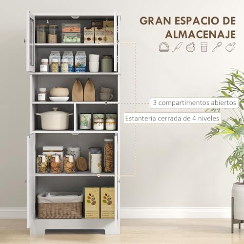 Miniatura 4 de Homcom Alacena De Cocina Mueble Auxiliar De Cocina Aparador Alto Con 2 Puertas De Vidrio Estantes Ajustables Y Compartimentos Abiertos 60x30x145,5 Cm Blanco