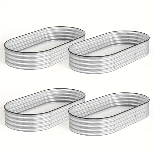 SHAREWIN Oval Galvanized Planter Raised Metal Garden Bed Kit for Gardening Outdoor，6x3x1ft Planter Grow Garden Box Raised Flower Bed(4 PCS)