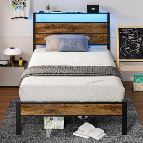 Liians Twin Bed Frame with Storage HeadboardUSB Charging...