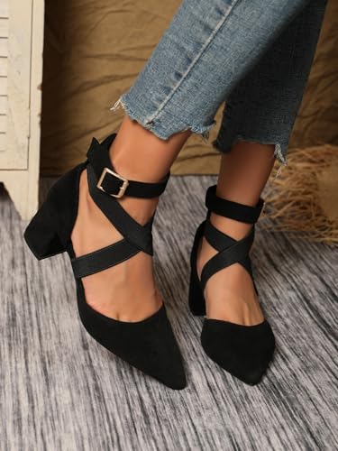 Pointed Toe Ankle Strap Dress Heels for Women Closed Toe Suede D'Orsay Shoes Women's Low Chunky Pumps with Cross Elastic Straps for Wedding Party Dating 2.4"2