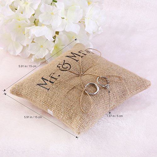 TINKSKY Mr Mrs Wedding Ring Pillow Burlap Jute Bow Twine Rustic Ring Pillow - Thumbnail 6