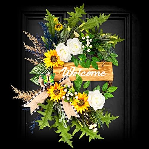 Soosubel Spring Wreaths for Front Door, 22 Inch Sunflower Wreath for Summer,Welcome Wreath for Farmhouse