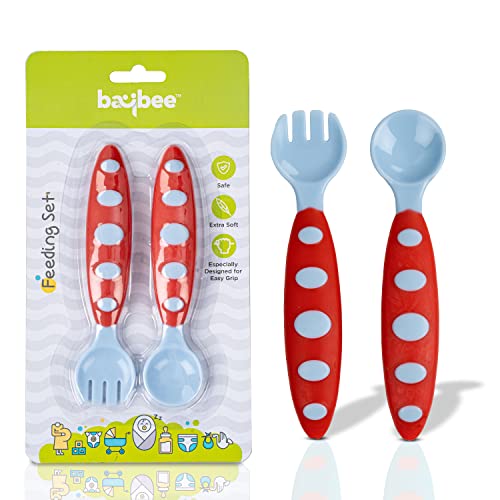 Image of Baybee Ultra Soft Baby Feeding Set, Non-Toxic BPA Free Training Spoon & Fork, Easy Grip Handle | Toddler Feeding Set (Blue)