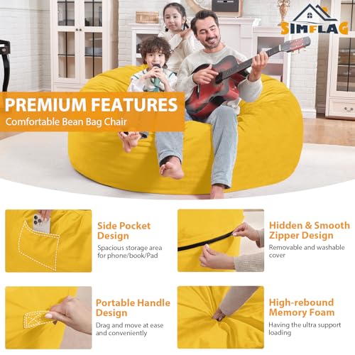 4FT Bean Bag Chair, Large Bean Bag Chairs with Memory Foam Filled, Fluffy Beanbag Sofa with Dutch Velvet Cover, Round BeanBag Chairs for Living Room, Playroom - Lemon