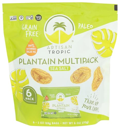 ARTISAN TROPIC Plantain Strips Sea Salt - 6 Pack, 1oz - Vegan, Paleo, Gluten Free Chips - Individual Bags Healthy Snacks for School, Gym, Kids – Whole 30 Approved Foods Baked Banana Chips