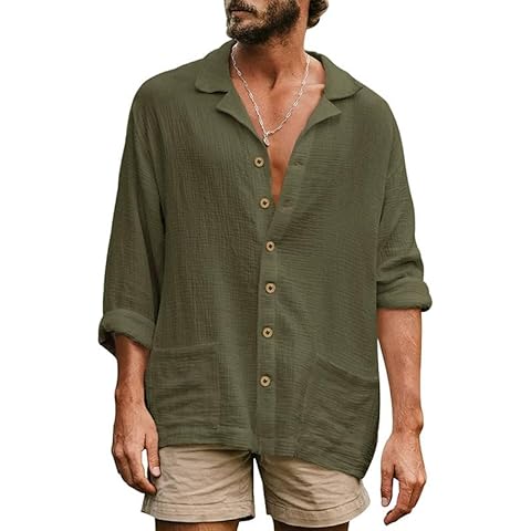 Casual Men’s Linen Beach Shirts Long Sleeve Button Down Shirt Solid Holiday Yoga Top with Pocket Green Cover
