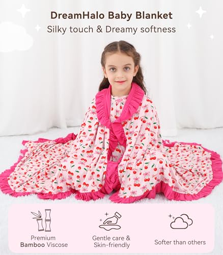 Image of Premium Baby Blankets, Soft Viscose from Bamboo Blanket for Girls, Nursery Crib Bedding Quilt for Newborn and Toddler, Ruffle Blanket Cooling for Hot Sleepers, 50''x50'' Sweet Cherries