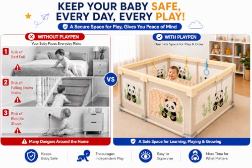Image of MONSTECH Large Baby Playpen 150x180cm Pit Balls Playpen for Baby up to 5 Years with Anti-Fall Rings, Safety Lock, Breathable Mesh, Kids Activity Center Play Pen (Yellow-Panda)