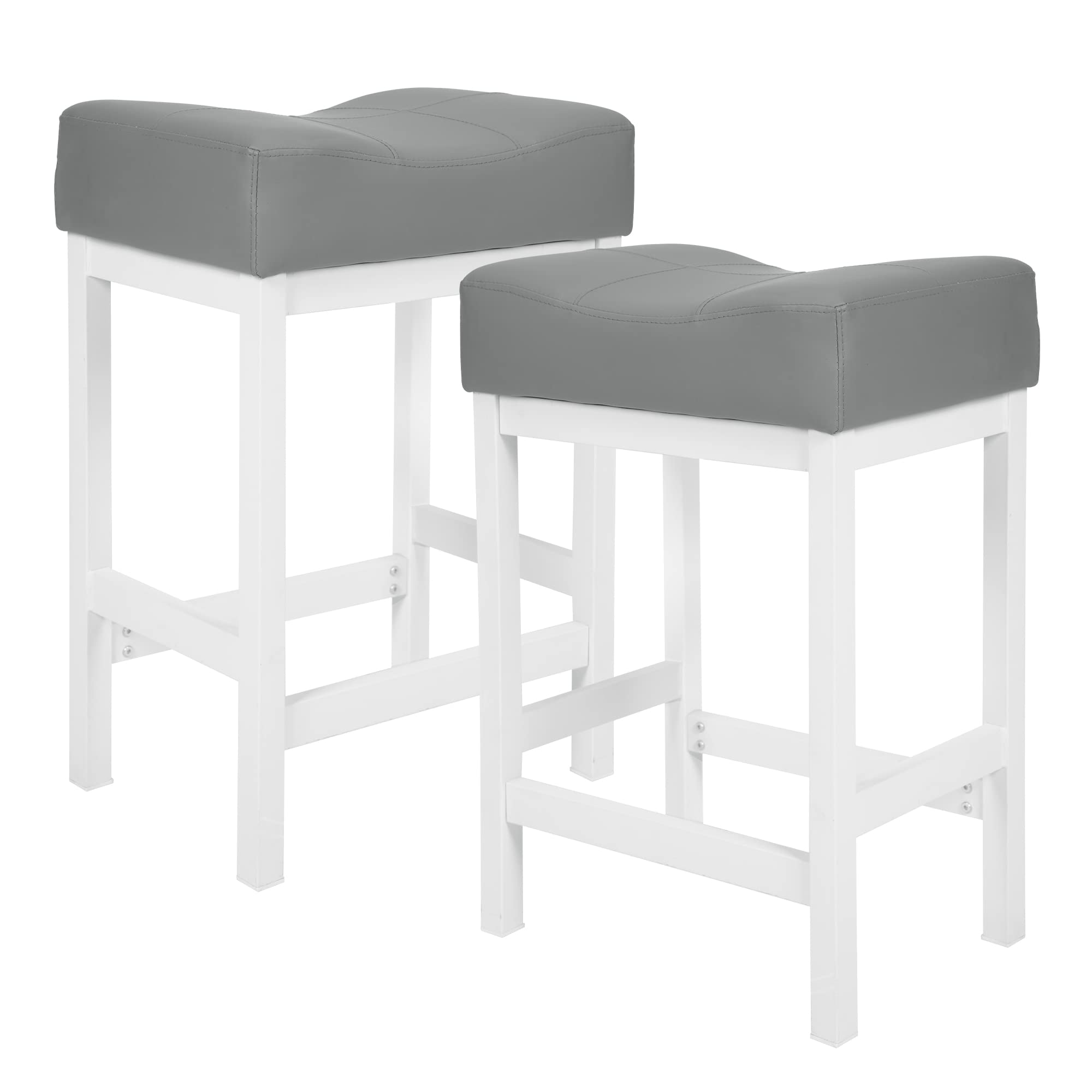 KATDANS Bar Stools Set of 2-Counter Height Stools - 24 Inch Saddle Stool - PU Leather Kitchen Stools - Gray/White - Metal Base, KS861P-LG
