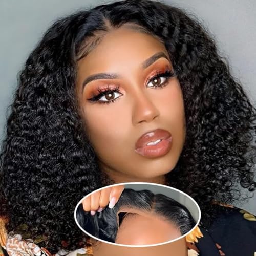 ISWEET HD Glueless Wigs Human Hair Pre Plucked Pre Cut Bob 4x4, 12 Inch Natural Black 210% Density Hairline Curly Bob Wig Human Hair, Wear and Go Deep Wave Lace Front Wigs Human Hair for Black Women