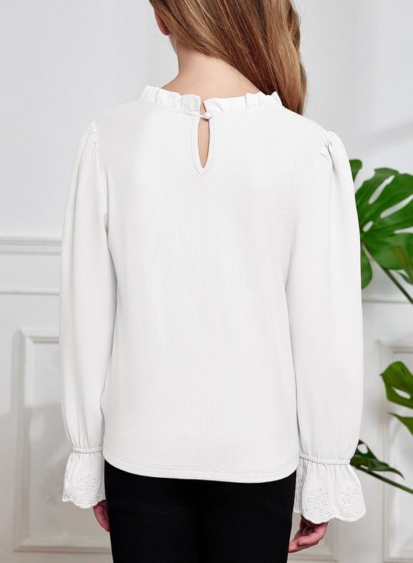 Cute Shirts for Girls Ruffle Long Sleeve Crewneck Ribbed Knit Blouses Tops 6-15 Years - Image 3