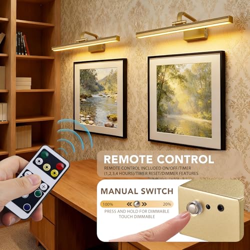 Image of RAIFOOLLY Picture Light, 16inch Cordless Picture Lights for Wall with Timer and Dimmable, Battery Operated Metal Wall Lights for Display Gallery Painting Art Frame Portrait - Gold