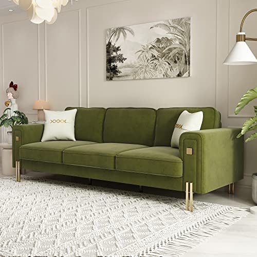 Kadway Green Velvet Sofa Couch, 91" Mid Century Modern Sectional Couch, Large Upholstered Deep Seat Couch with Gold Metal Legs for 3-4 Persons, 3 Seater Couches for Living Room Bedroom Home Office