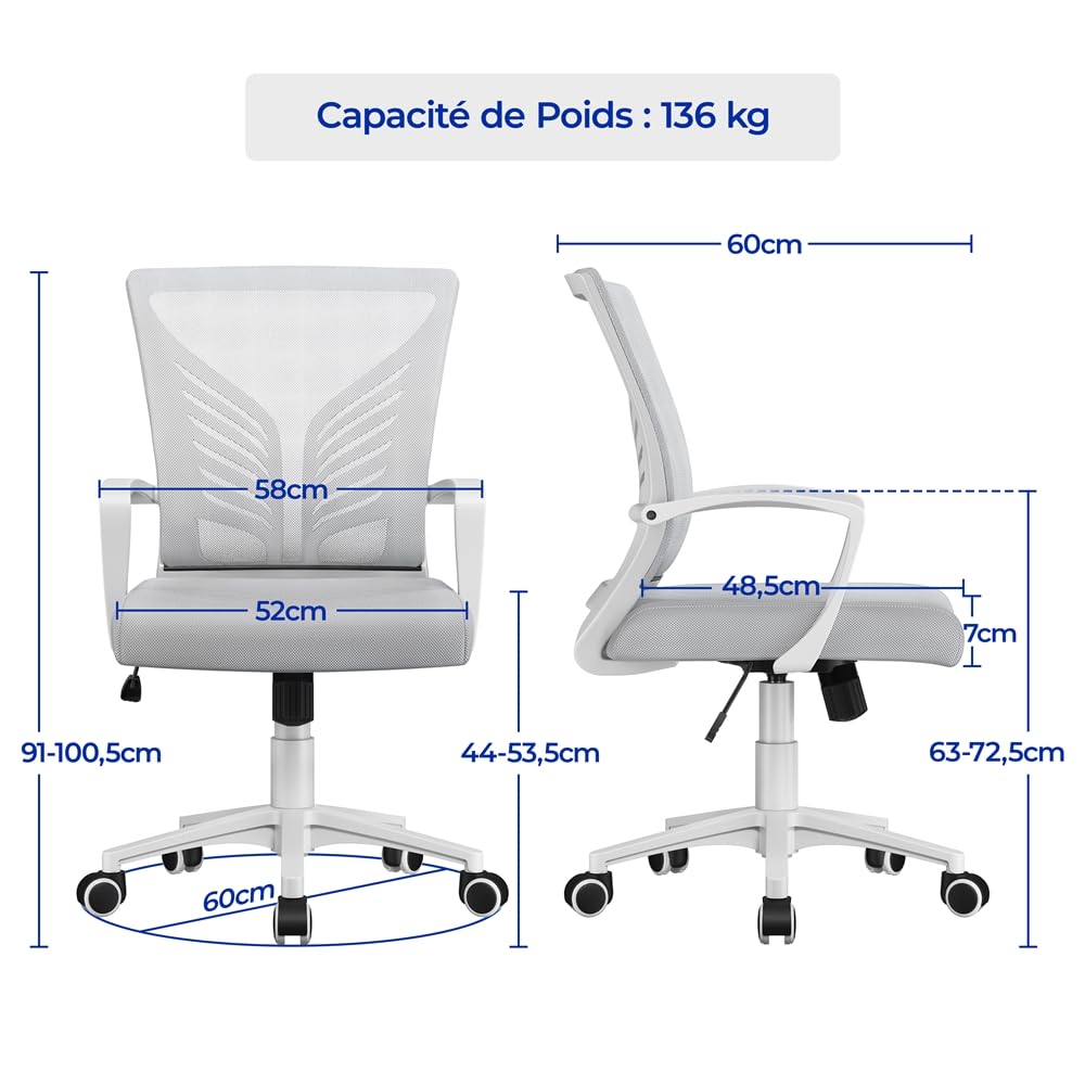 Yaheetech Chaise Bureau Ergonomique en Maille Respirante, Fauteuil d'Ordinateur Inclinable avec Support Lombaire à roulettes Pivotante, Siège Bureau en Hauteur Réglable, Capacité 136kg Gris Clair