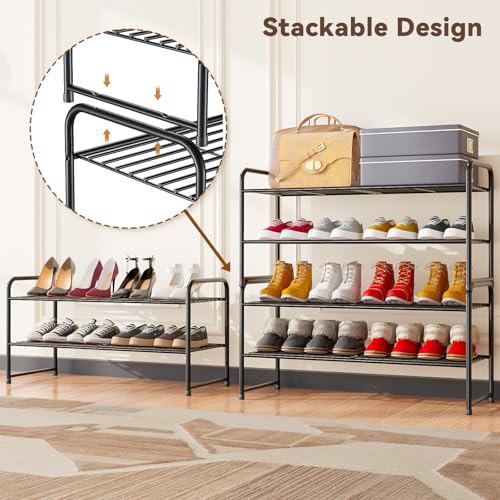 Image of Standard Shoe Rack 2-Tier 32.5 Inches Wide, Free Standing Shoe Organizer for Indoor Outdoor | Adjustable Heavy-Duty Metal Shelf Ideal for Home Entryway Closet & Garage Balcony | Black