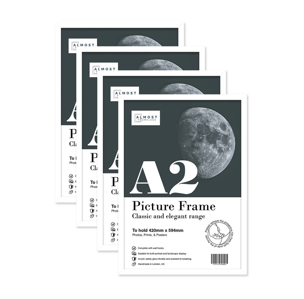 Almost Frameless White A2 Picture Frame Set Of 4, Display A2 Picture Gallery Wall, Poster, Photo, Artwork, Or Print,