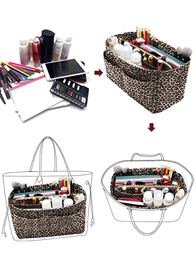 Image of LEXSION Felt Purse Bag Organizer Insert with zipper Bag Tote Shaper Fit Speedy Neverful PM MM, B-Leopard2, Large
