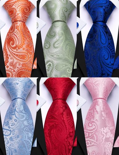 Image of Barry.Wang 6 PCS Men Ties Set Silk Business Fashion Woven Necktie Handkerchief Cufflinks Paisley Stripe Wedding Party