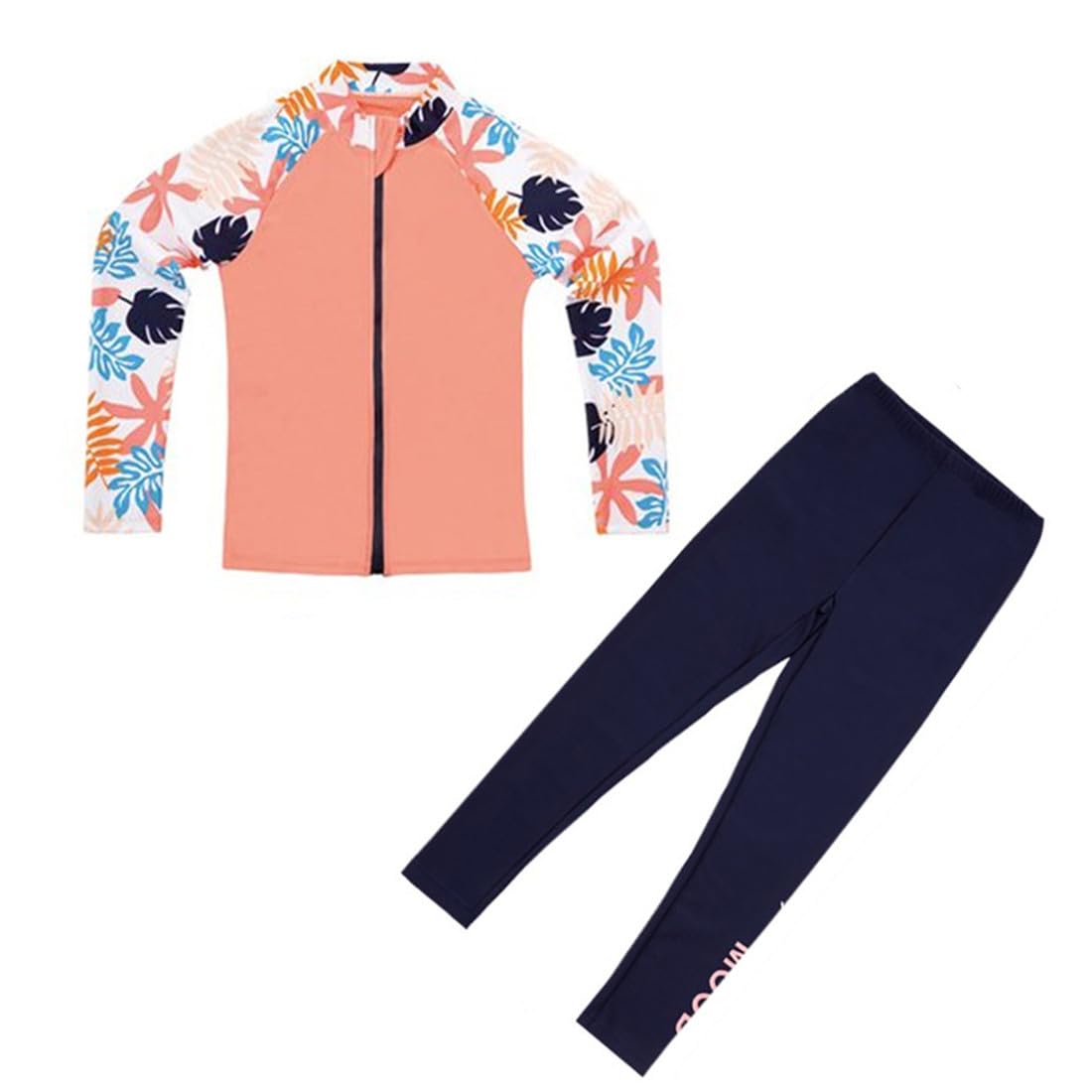 3 Pcs Youth Girls Long Sleeve Zipper Rash Guard Shirt+UPF 50 Pants Swimsuit Sun Protection Hat Bathing Suits Light Orange