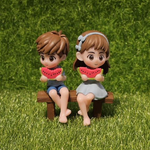 Image of Miniature Cute Watermelon Couple Figurines for Home Decor Fairy Garden Dollhouse Accessories Tabletop Showpiece Gift Item Set of 2 Blue