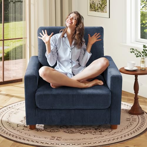Image of Kidirect 35.5in Corduroy Sofa Accent Chair, Tool-Free Setup Living Room Couch Accent Chairs, Reading Chair for Bedroom 22.5in Extra Deep Seats, Comfy Arm Chairs for Office, All-Wood Reading Nook Blue