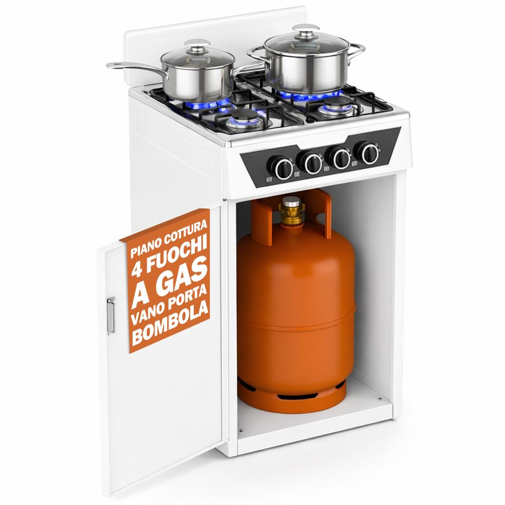 BAKAJI Cucina da Esterno con Piano Cottura 4 Fuochi a Gas, Mobile con Vano Portabombola Integrato Ideale per Esterni e Interni, Struttura Salvaspazio Robusta e Compatta con Paravento (Bianco)