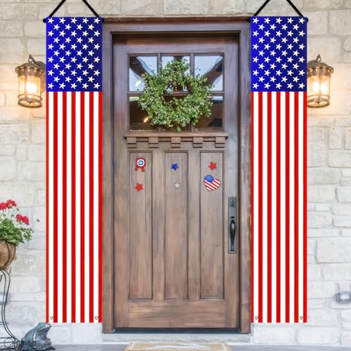 Image of BlissYard 2Pcs Patriotic Decor Door Banner USA Independence American Flag Banners Hanging Porch Signs for Memorial Day Veterans Day Labor Days 4th of July Decorations for Yard Indoor Outdoor Supplies