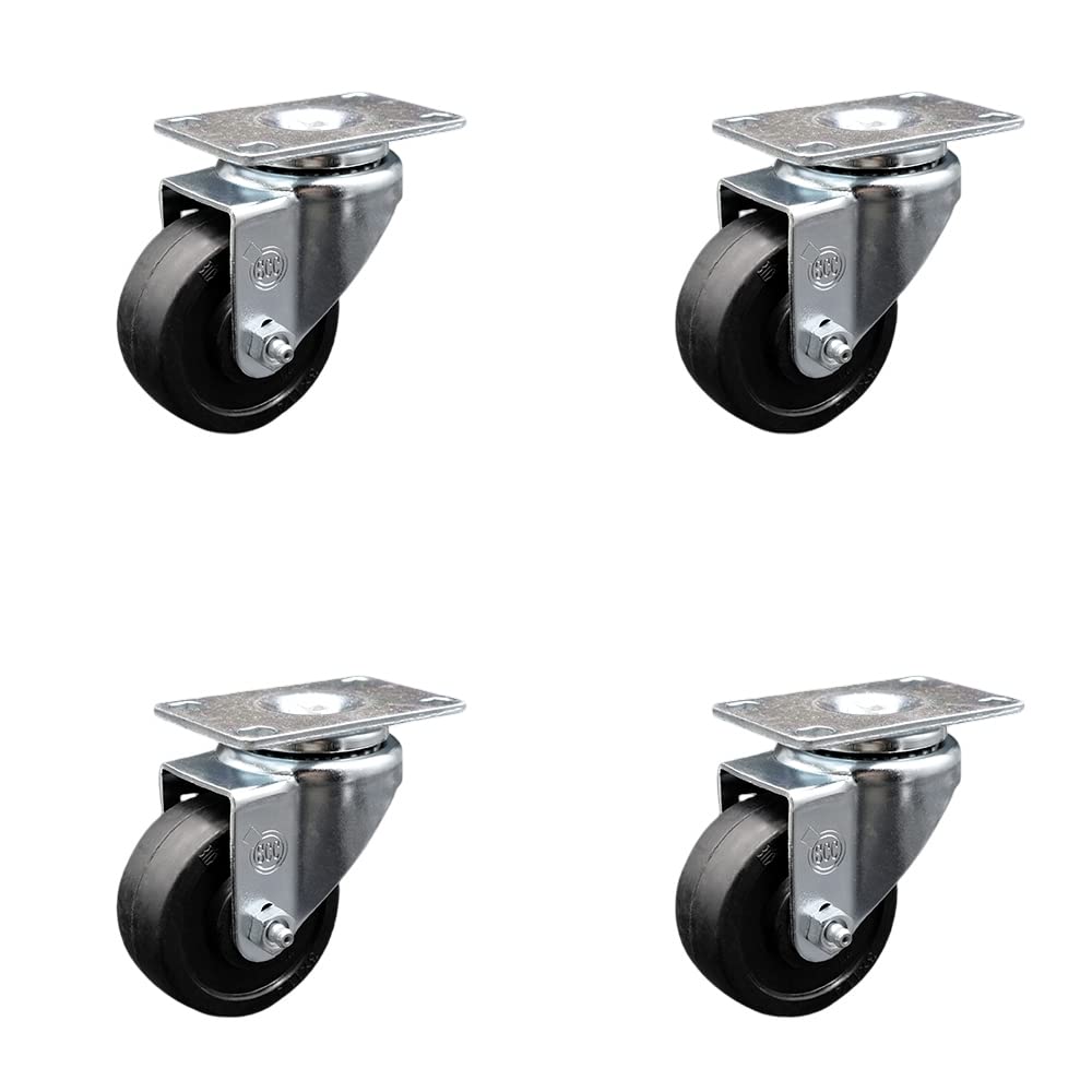 Soft Rubber Swivel Top Plate Caster Set of 4 with 3.5 Inch Black Wheels - Includes 4 Swivel - 800 lbs. Total Capacity - Service Caster Brand