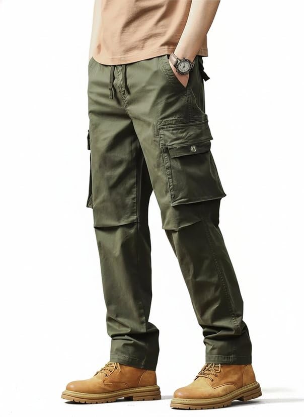 Men's Olive Green Cargo Pants | 6-Pocket Military Style Cotton Trousers | Relaxed Fit Drawstring Streetwear-image-44