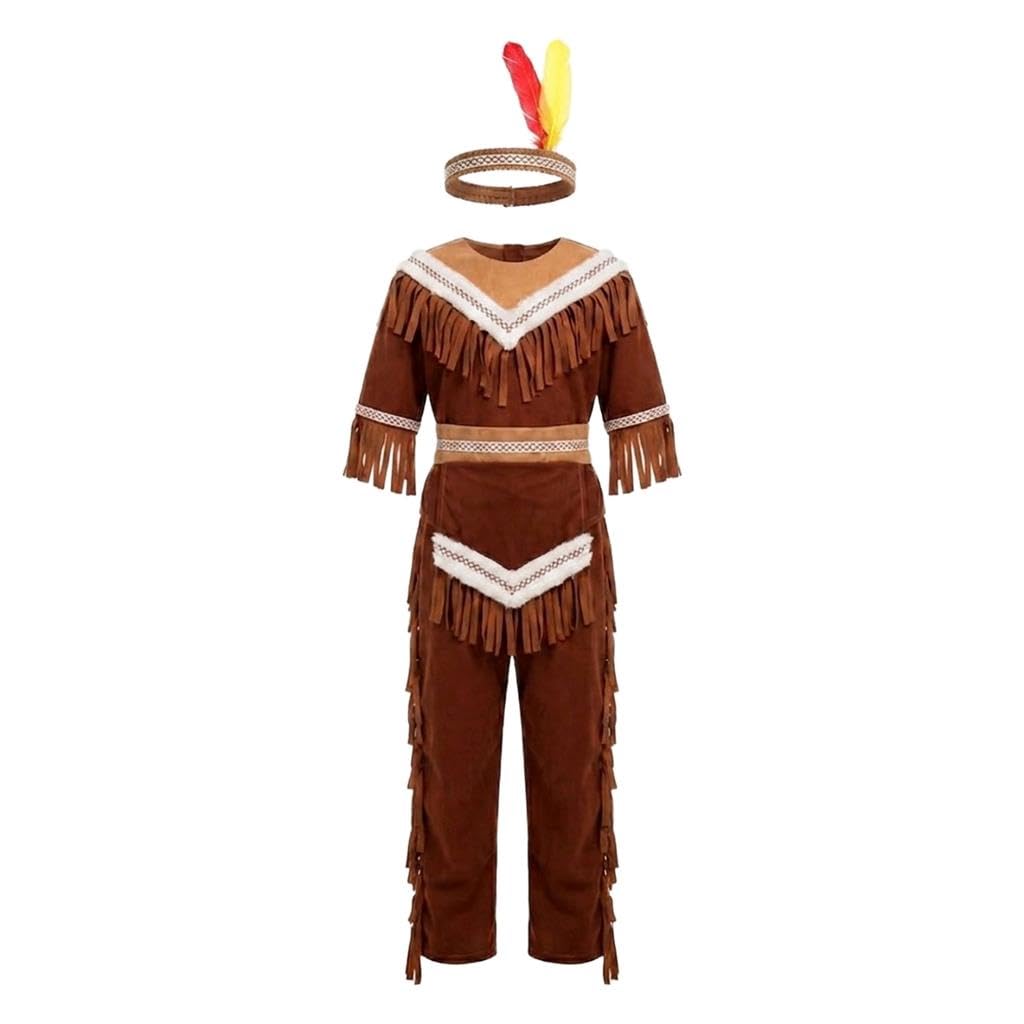 Lito Angels Boys Native American Inspired Costume Set Includes Fringed Top Trousers & Feather Headband Kids Historical Dress Up Outfit for World Book Day Kids Age 7-8 Years Brown